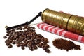 Vintage grinder, coffee beans and ground coffee Royalty Free Stock Photo
