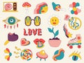 1970 vintage groovy love peace elements. 1960 retro hippie style. Positive psychedelic vector illustration