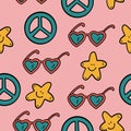 Vintage groovy pattern with hippie and glasses