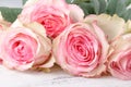 Vintage group of pink roses on wooden table, soft focus Royalty Free Stock Photo