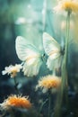 Vintage grunge background with glowing butterflies and double exposure of white flowers Royalty Free Stock Photo