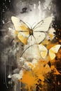 Vintage grunge background with glowing butterflies and double exposure of white flowers Royalty Free Stock Photo