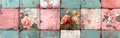 Vintage Grunge Floral Stone Wall Texture - Aged Green and Pink Patchwork Square Tiles Cement Background Banner Royalty Free Stock Photo