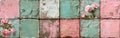 Vintage Grunge Floral Patchwork Stone Wall Texture - Aged Green and Pink Square Tiles Cement Background Banner Royalty Free Stock Photo