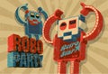 Vintage grunge poster with retro robots for Roboparty. Vector illustration.