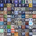 Vintage grunge square metal plates with street address numbers arranged from 1 to 100