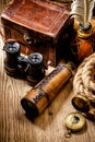 Vintage grunge still life. Antique items on wooden table Royalty Free Stock Photo