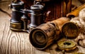 Vintage grunge still life. Antique items on wooden table Royalty Free Stock Photo