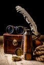 Vintage grunge still life. Antique items on wooden table