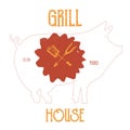 Vintage grunge style pork logo design. Piglet badge for restaurant menu. Butchery grill symbol