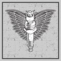 Vintage grunge style spark plug with wing-vector