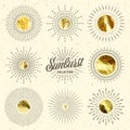 Vintage grunge sunburst sunset beams. Gold foil, shiny handmade circles. Golden glittering texture, pattern. Hand drawn