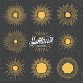 Vintage grunge sunburst, sunset beams. Hand drawn bursting sun, light rays. Logotype or lettering design element in