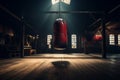 Vintage gym vibes Dark retro boxing bag in martial arts room