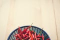 Vintage of half of close up red and green chili in blue plastic. Royalty Free Stock Photo