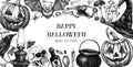 Vintage Halloween frame design. Hand drawn vector illustrations. Skull, bones, Halloween pumpkin, poisonous mushrooms, snakes,