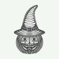 Vintage halloween Pumpkin in a big witch`s hat in retro style. Royalty Free Stock Photo
