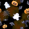 Vintage halloween seamless pattern - pumpkin, bat, ghost, cat. Cute watercolor Royalty Free Stock Photo