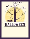 Vintage Halloween spooky tree, pumpkins and bats poster Royalty Free Stock Photo