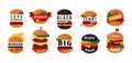 Vintage hamburger logo. Retro grill burger or cheeseburger label, barbecue with beef meat. Cafe or restaurant menu