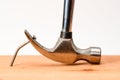 Vintage hammer nail puller pull bent big nail out of the board Royalty Free Stock Photo