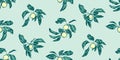 Vintage hand drawing apple tree branches seamless pattern. Vector fruit and leaf on blue background. Graphic grunge ink drawn