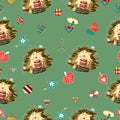 Vintage hand drawn christmas hedgehog charater with marshmellow hot chokolade and christmass cookies seamless pattern vector