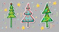 Vintage hand drawn christmas sticker collection of decorative fir trees. vector pine illustration. xmas doodle spruce set. New Royalty Free Stock Photo