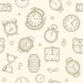 Vintage hand drawn clocks and watches. Time vector seamless pattern Royalty Free Stock Photo