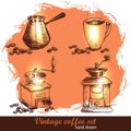 Vintage hand drawn coffee set with coffee beans Royalty Free Stock Photo