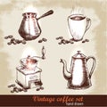 Vintage hand drawn coffee set with coffee beans. Sketch style. Royalty Free Stock Photo