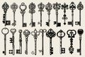 Vintage hand-drawn collection of ornamental medieval keys, perfect for antique decoration