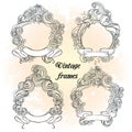 Vintage hand drawn frame collection: 4 different high detailed line art frames with ribbons. Vector illustration isolated.
