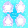 Vintage hand drawn frame collection: 4 different high detailed line art frames with ribbons. Vector illustration isolated.