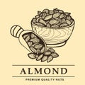 Vintage hand drawn logo for web site or shop, bowl of almonds with spatula, premium quality organic almond nuts vector illustratio