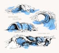 Sea waves. Sketch ocean waves. Vintage hand drawn ocean tidal storm waves isolated with blue texture for surfing and