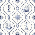 Vintage Hand-Drawn Rope Ogee Vector Seamless Pattern with Lighthouse, Sea Compass, Ship and Nautical Reef Knot. Royalty Free Stock Photo