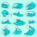 Vintage hand drawn sea blue waves with splashes. Ocean storm water vector set