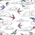 Vintage hand drawn seamless background with clouds pattern and flying swallows