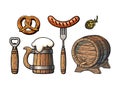 Vintage hand drawn set of beer objects. Fork with grilled sausage, bottle opener, wooden mug full of beer, Bavarian pretzel, hop