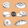 Vintage hand drawn sketch fresh style bakery set. Bread, iced bun, cinnamon iced bun, bagel with sesame