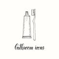 Vintage hand drawn  toothbrush and toothpaste in a sketch style. Hand made lettering. Vector objects from the bathroom Royalty Free Stock Photo