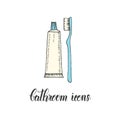 Vintage hand drawn  toothbrush and toothpaste in a sketch style. Hand made lettering. Vector objects from the bathroom Royalty Free Stock Photo