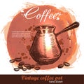 Vintage hand drawn turkish coffee pot cezve with coffee beans Royalty Free Stock Photo