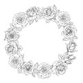 Vintage hand drawn wreath with rose flowers. Engraving style floral round frame. Vector illustration Royalty Free Stock Photo