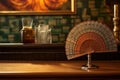 vintage hand fan and a cocktail glass on a wooden bar countertop Royalty Free Stock Photo