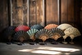vintage hand fans spread out on a rustic wooden surface