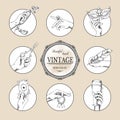 Vintage hand icons. Retro sketch logo. Arms holding wine glass and mask. Jewelry ring on forefinger. Quill pen for