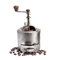 Vintage hand manual coffee grinder coffee grinder and coffee beans isolated on white background