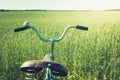 Vintage handlebar with bell on bicycle. Summer day for trip. View of wheat field. Outdoor. Closeup. Royalty Free Stock Photo